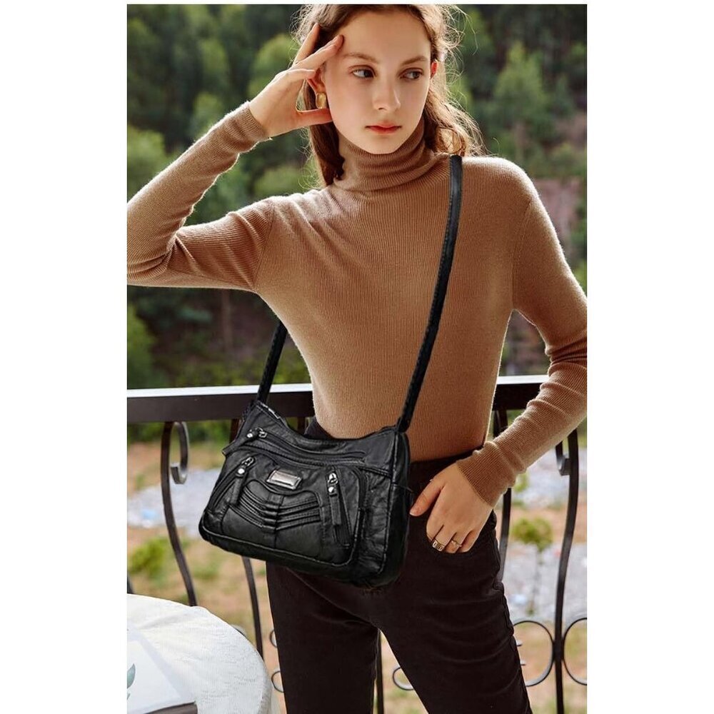 Women's Black Soft Pu Leather Multi-pocket Shoulder Bag Medium Cross-body Purse - Picture 2 of 8